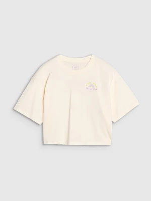 4F T-shirt oversize crop top z nadrukiem dziewczęcy - biały 164 (13-14 lat)
