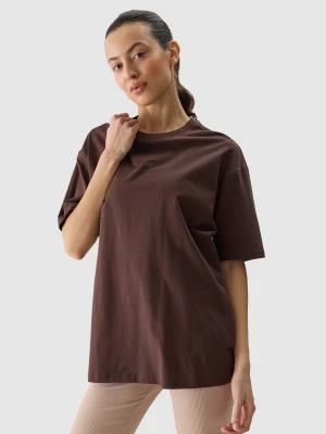 T-shirt oversize gładki damski - brązowy 4F