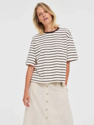 T-shirt oversize w paski brązowy Moodo