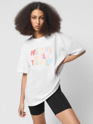 T-shirt oversize z nadrukiem damski - biały OUTHORN