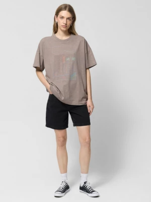 T-shirt oversize z nadrukiem damski - brązowy OUTHORN