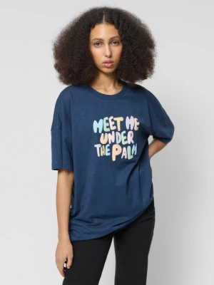 T-shirt oversize z nadrukiem damski - granatowy OUTHORN