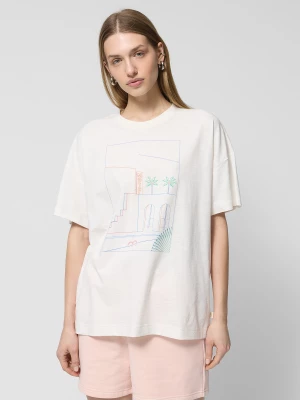 T-shirt oversize z nadrukiem damski Outhorn - złamana biel
