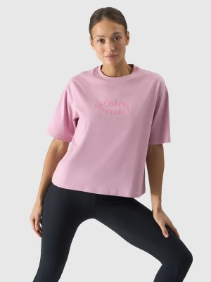 T-shirt oversize z nadrukiem damski - pudrowy róż 4F