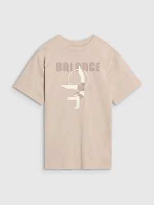 4F T-shirt oversize z nadrukiem dziewczęcy - beżowy 128 (7-8 lat)