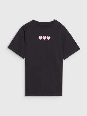 4F T-shirt oversize z nadrukiem dziewczęcy - czarny 134 (8-9 lat)