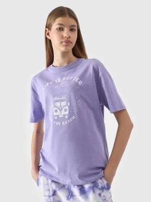 T-shirt oversize z nadrukiem dziewczęcy - fioletowy 4F JUNIOR