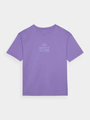 T-shirt oversize z nadrukiem dziewczęcy - fioletowy 4F