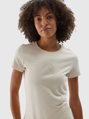 T-shirt regular z dodatkiem materiałów z recyklingu damski - kremowy 4F