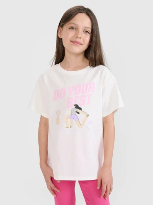 T-shirt regular z nadrukiem dziewczęcy - biały 4F