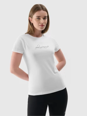 T-shirt slim z nadrukiem damski - biały 4F