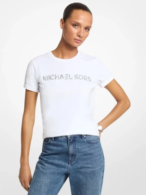 T-shirt z bawełnianego dżerseju z ozdobnym logo Michael Kors BIAŁY (Biały)