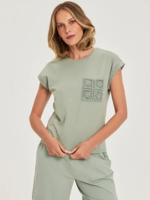 T-shirt z bawełny oliwkowy Moodo