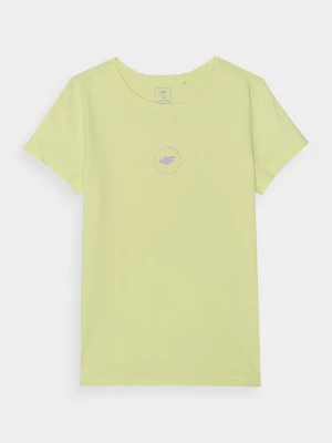 T-shirt z bawełny organicznej gładki dziewczęcy - limonka 4F JUNIOR