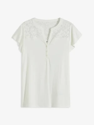 T-shirt z dekoltem henley z mieszanki wiskozy BonPrix biały