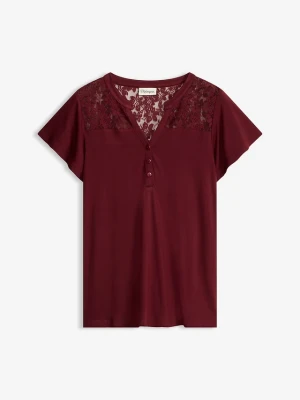 T-shirt z dekoltem henley z mieszanki wiskozy BonPrix czerwony