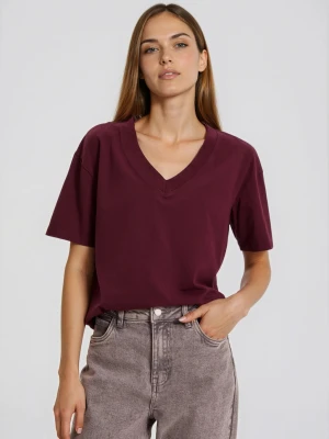 T-shirt z dekoltem w serek burgundowy Moodo