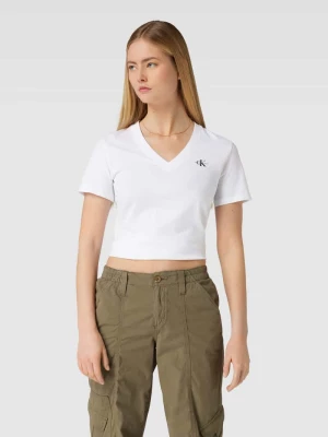 T-shirt z dekoltem w serek model ‘MICRO MONOLOGO’ Calvin Klein Jeans