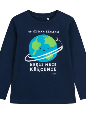 T-shirt z długim rękawem dla chłopca, z motywem Ziemii i napisem "od dziecka szalenie kręci mnie kręcenie", granatowy 3-8 lat Endo