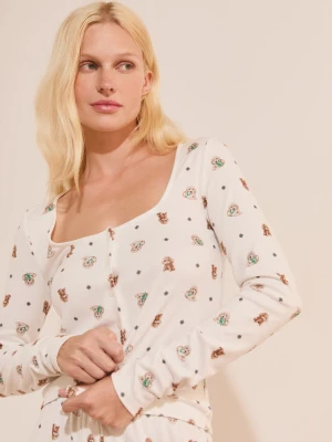 T-shirt z długim rękawem z guzikami we wzory Etam ecru