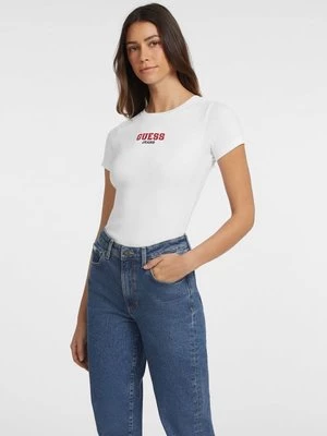 T-Shirt Z Dzianiny Prążkowanej Z Haftem Fason Slim Guess