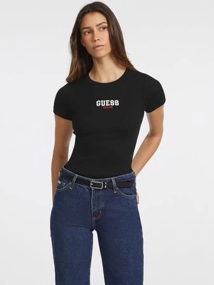 T-Shirt Z Dzianiny Prążkowanej Z Haftem Fason Slim Guess