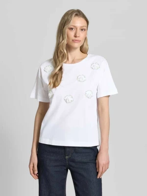 t-shirt z haftami i okrągłym dekoltem MORE & MORE