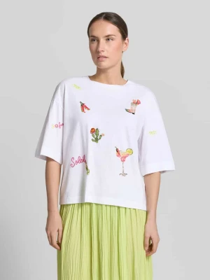 t-shirt z haftami z motywem Marc Cain Biały