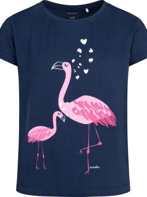 T-shirt z krótkim rękawem dla dziewczynki, z flamingami, granatowy 3-8 lat Endo