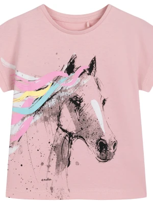 T-shirt z krótkim rękawem dla dziewczynki, z koniem, różowy 3-8 lat Endo