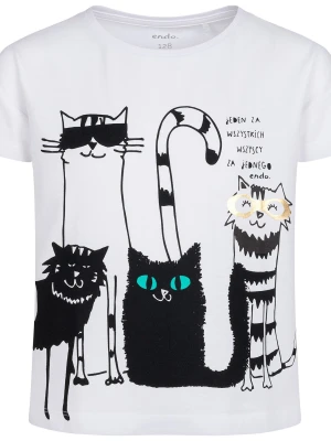 T-shirt z krótkim rękawem dla dziewczynki, z kotami, biały, 3-8 lat Endo