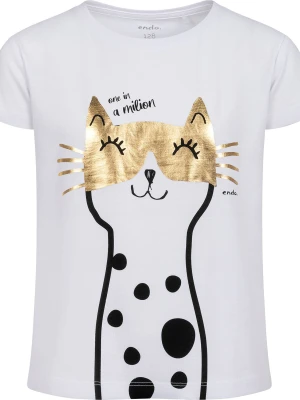 T-shirt z krótkim rękawem dla dziewczynki, z kotem, biały 9-13 lat Endo