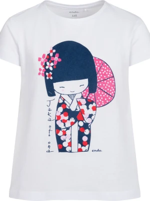 T-shirt z krótkim rękawem dla dziewczynki, z motywem gejszy, biały 3-8 lat Endo