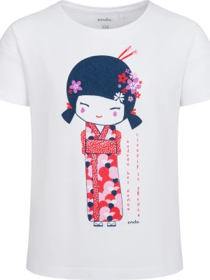 T-shirt z krótkim rękawem dla dziewczynki, z motywem gejszy, biały 9-13 lat Endo