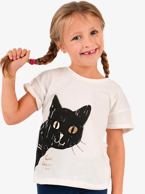 T-shirt z krótkim rękawem dla dziewczynki, z motywem kota, kremowy 3-8 lat Endo