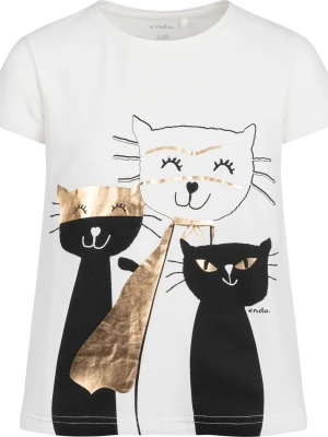 T-shirt z krótkim rękawem dla dziewczynki, z motywem kotów, kremowy 3-8 lat Endo