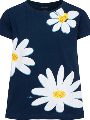 T-shirt z krótkim rękawem dla dziewczynki, ze stokrotkami, granatowa 3-8 lat Endo
