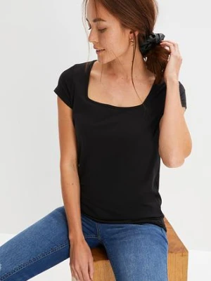 T-shirt z krótkim rękawem i dekoltem karo BonPrix czarny