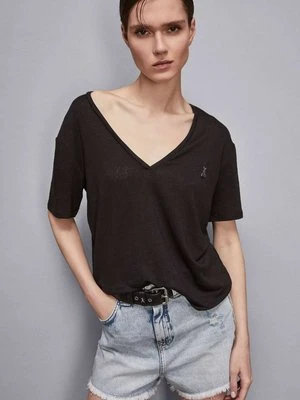 T-shirt z lnu z dekoltem w serek PATRIZIA PEPE