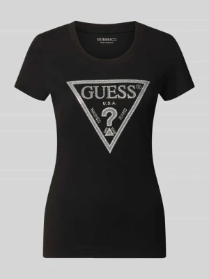 T-shirt z obszyciem ozdobnymi kamieniami i logo Guess Czarny