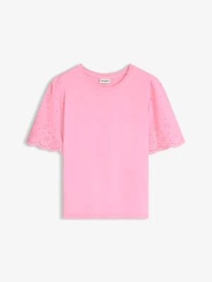T-shirt z miękkiej mieszanki wiskozy z ażurowym haftem BonPrix różowy
