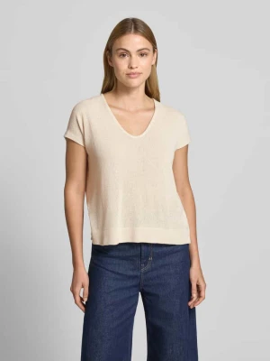 t-shirt z mieszanka wiskozy z dekolt w serek model 'SIRUKUS' Opus Beżowy