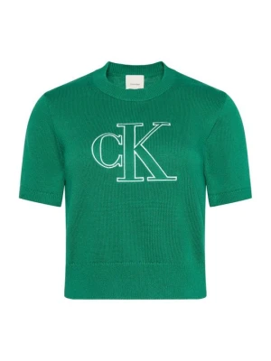 T-shirt z nadrukiem Calvin Klein Jeans ciemnozielony