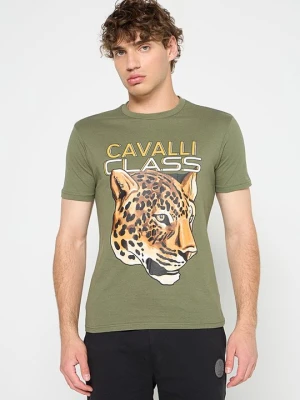 T-shirt z nadrukiem Cavalli Class khaki
