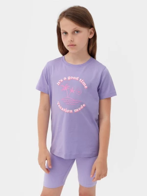 T-shirt z nadrukiem dziewczęcy - fioletowy 4F JUNIOR
