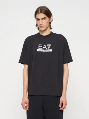 T-shirt z nadrukiem EA7 Emporio Armani ciemnobrązowy