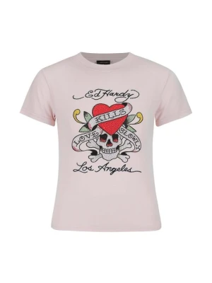 T-shirt z nadrukiem Ed Hardy różowy