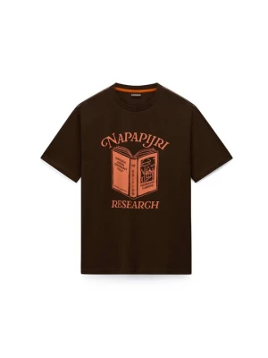 T-shirt z nadrukiem Napapijri ciemnobrązowy