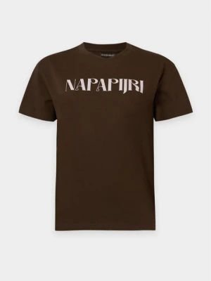 T-shirt z nadrukiem Napapijri ciemnobrązowy