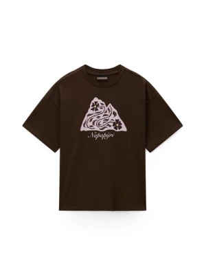 T-shirt z nadrukiem Napapijri ciemnobrązowy